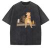 Cat Eating Hot Dog T Shirt Funny Vintage Washed Cat Comfort Tee Cat Mom Dad Gift Oversized Cotton Short Sleeve Clothing Tops