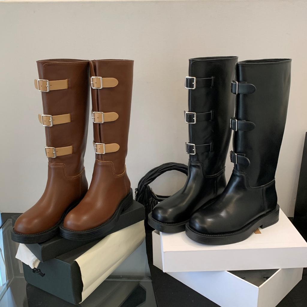 Fashion niche retro platform Martin boots women's autumn belt buckle high knight boots medium boots