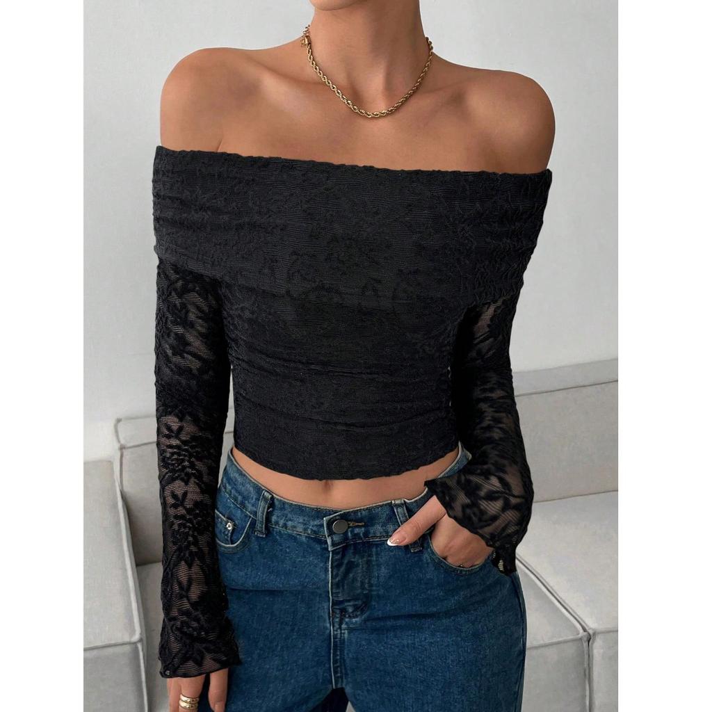 Neues Elegantes Damen Einfarbiges Spitze Schulterfreies Langarm Rückenfreies Oberteil T-Shirt