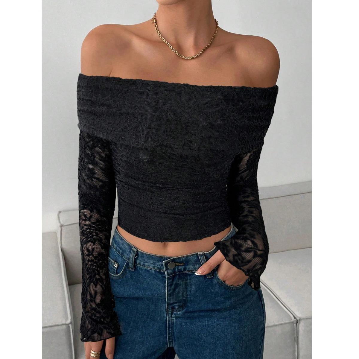 

New Elegant Women s Solid Lace Off-the-Shoulder Long Sleeve Backless Top Tee XL чорний