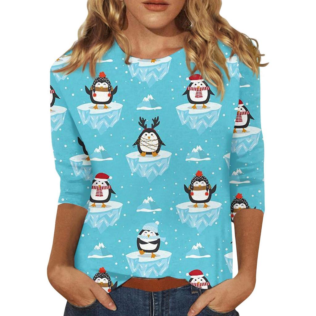Spring and Autumn Round Neck Christmas Themed Pattern 3D Printed Top Fashionable Casual Long Sleeved Women's T-shirts