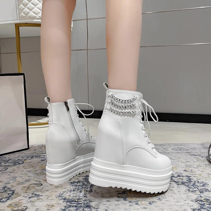Mode 12CM Neue Damen Stiefeletten Leder Dicke Sohle Motorradstiefel Weiblich Herbst Frühling Kette Hohe Plateau Schuhe Frau Große Größe 42