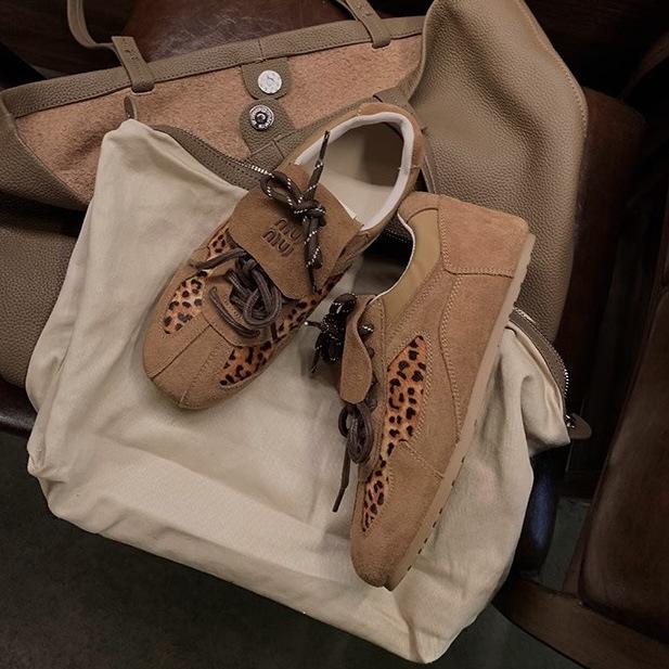 

Кроссовки Grape Mom Studiolee Vintage Round Head с леопардовым принтом Flip Actual Soft Leather Lace-up Dexun Forrest Gump Board Shoes Womens Autumn 35