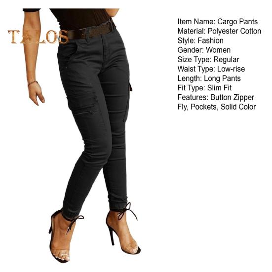 Pantaloni cargo slim fit pentru femei cu talie joasă, cu fermoar, cu fermoar, de culoare uni, pantaloni creion, cu mai multe buzunare, jambiere cu design