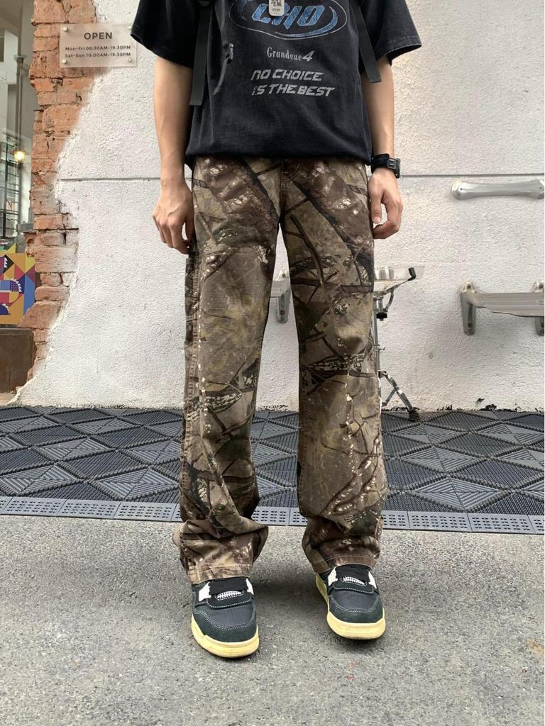 Unisex Retro Camouflage Distressed Work Pants - Straight Leg, Loose-Fit Outdoor Casual Wear