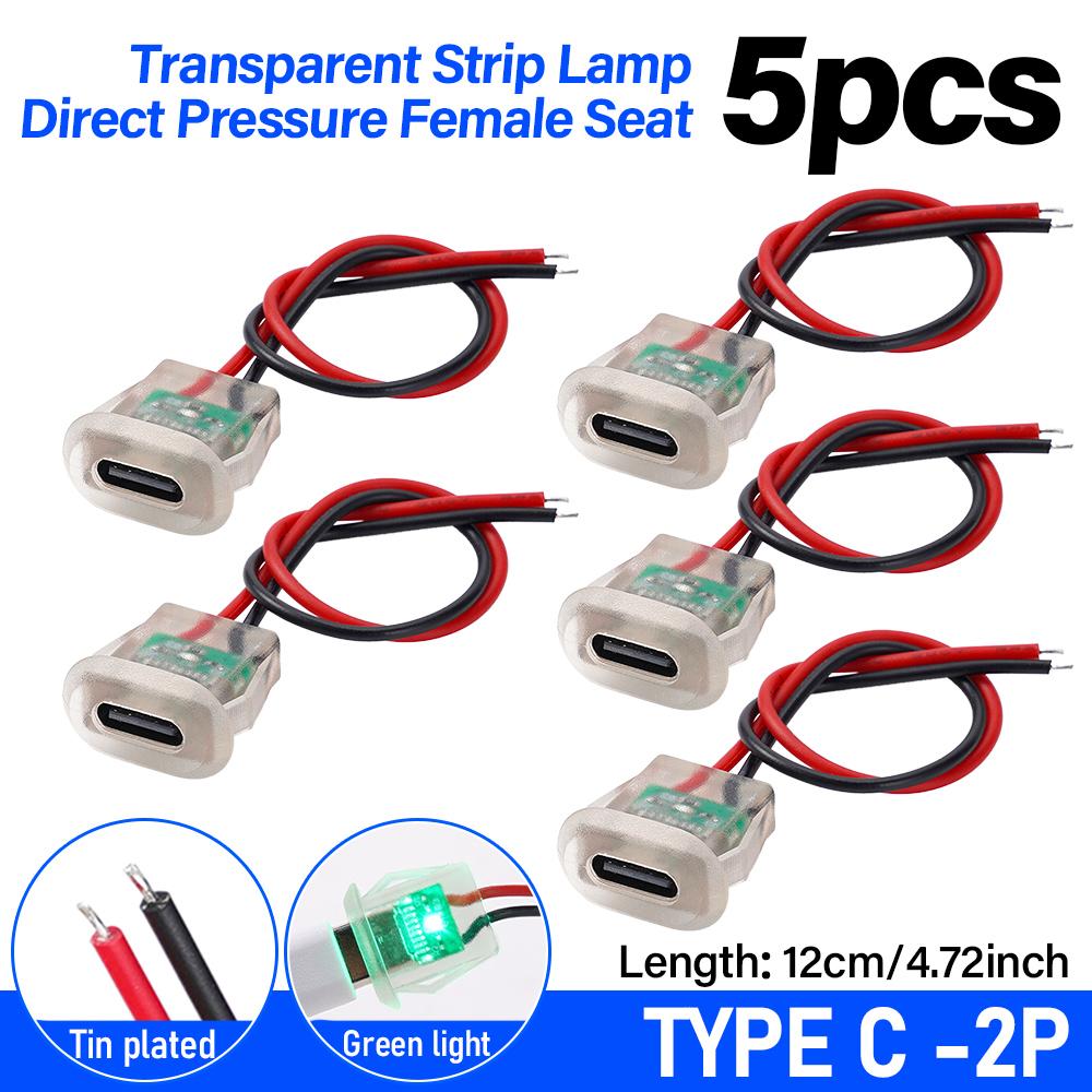 

2-контактне гніздо для заряджання USB Type-C 5A з LED-підсвічуванням Плоский USB-C силовий роз єм Кінцевий роз єм з лудженого мідного дроту гніздовий