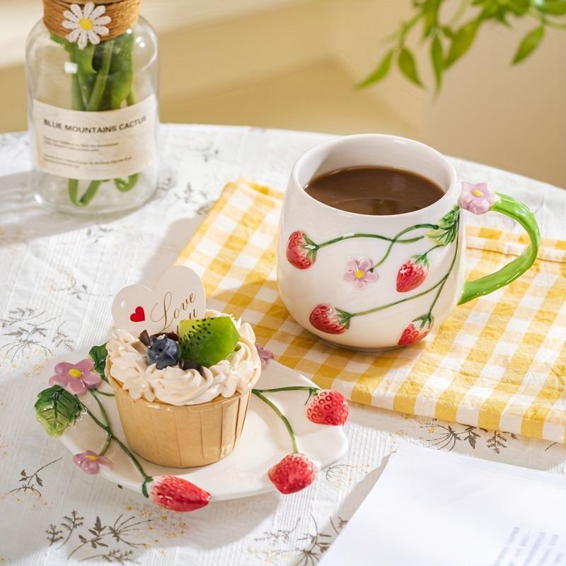3D 350ml Handmade Ceramic Strawberry Coffee Mug with Saucer Set, Relief Floral Design, Kawaii Tea Cup