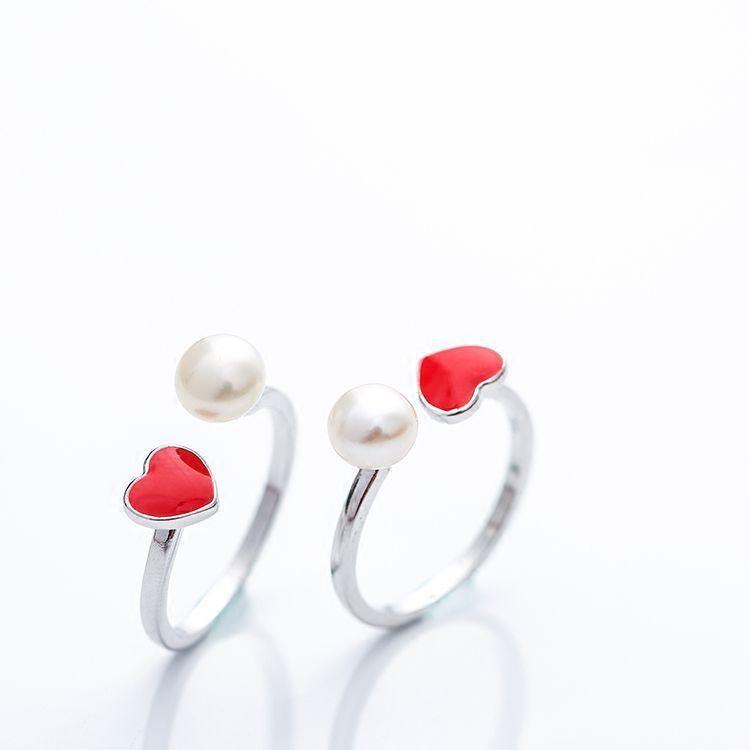 925 Pure Silver Pearl Opening Ring Temperament Red Love Ring Female Japan and South Korea Simple Silver Ornaments