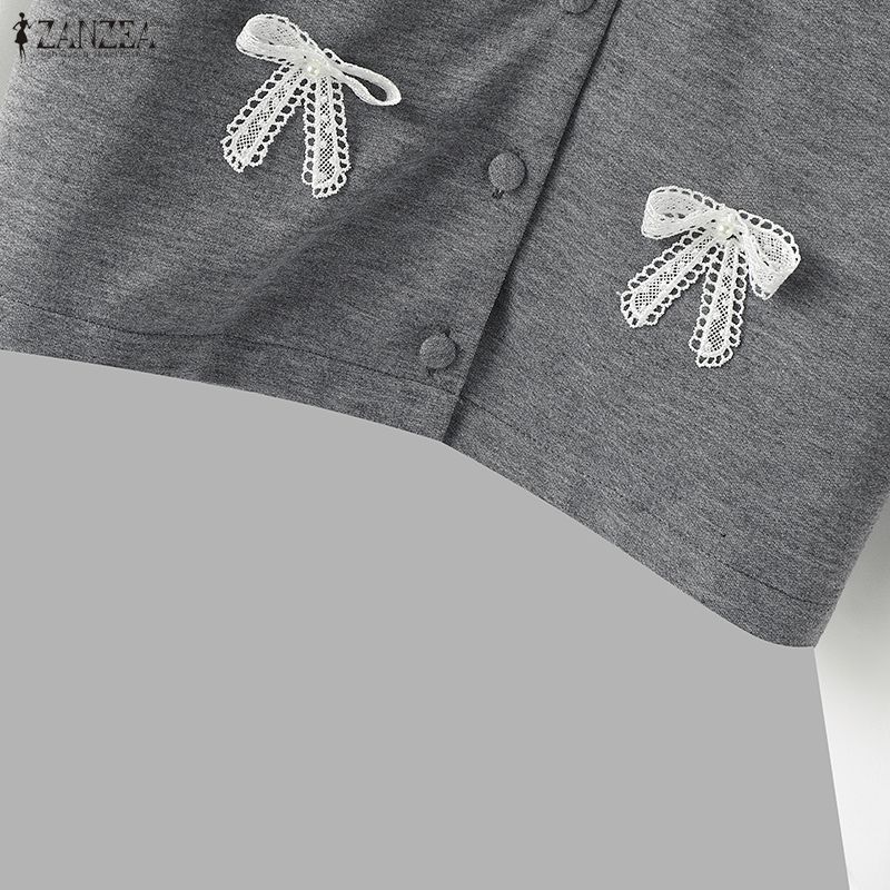 ZANZEA Women Casual Doll Collar Loose Long Sleeve Patchwork Blouse