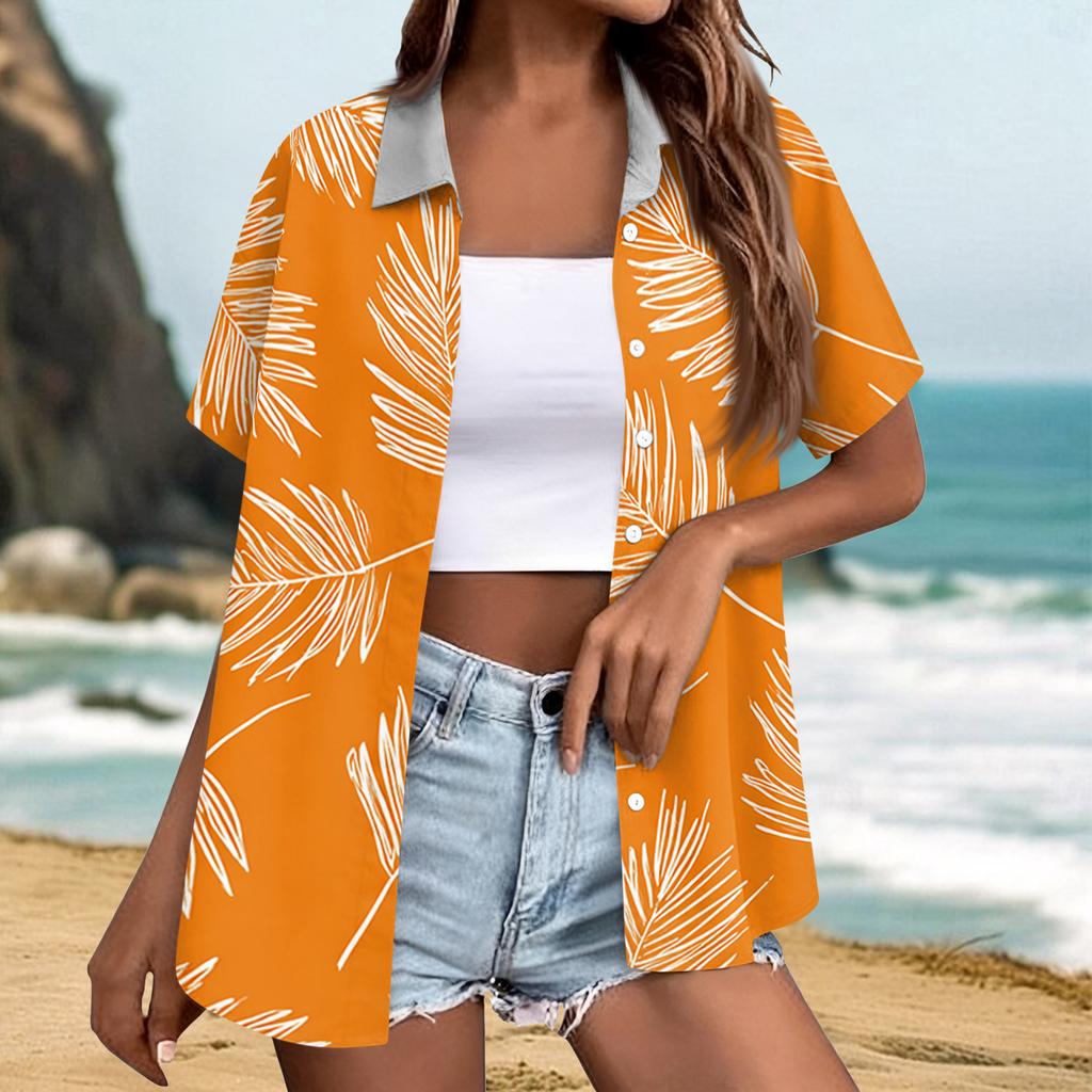 Women's fashionable casual Hawaiian print short-sleeved button-down collar shirt top