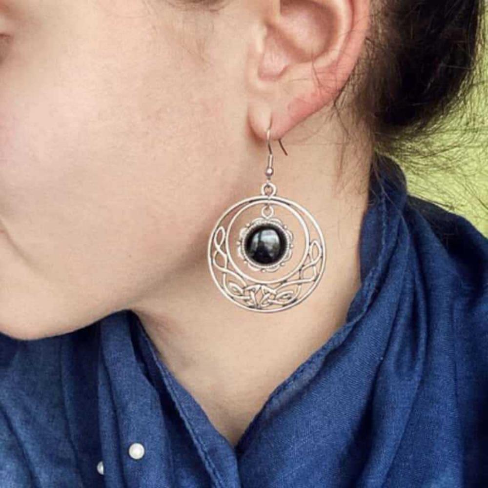 Gothic Victorian Silver Color Celtic Knot Black Agate Pendant Dangle Earrings for Women Halloween Pagan Witchcraft Jewelry Gifts