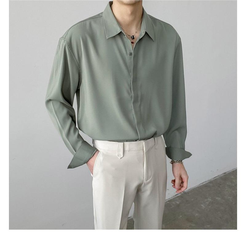 Men's Light Green Satin Long Sleeve Shirt Casual Oversized Streetwear Top