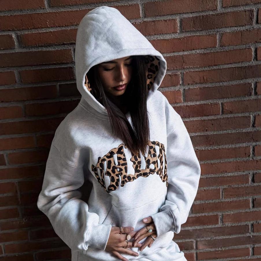 Men Women Leopard Patch Letter Hoodie Oversized Streetwear Pullover Hooded Sweatshirt