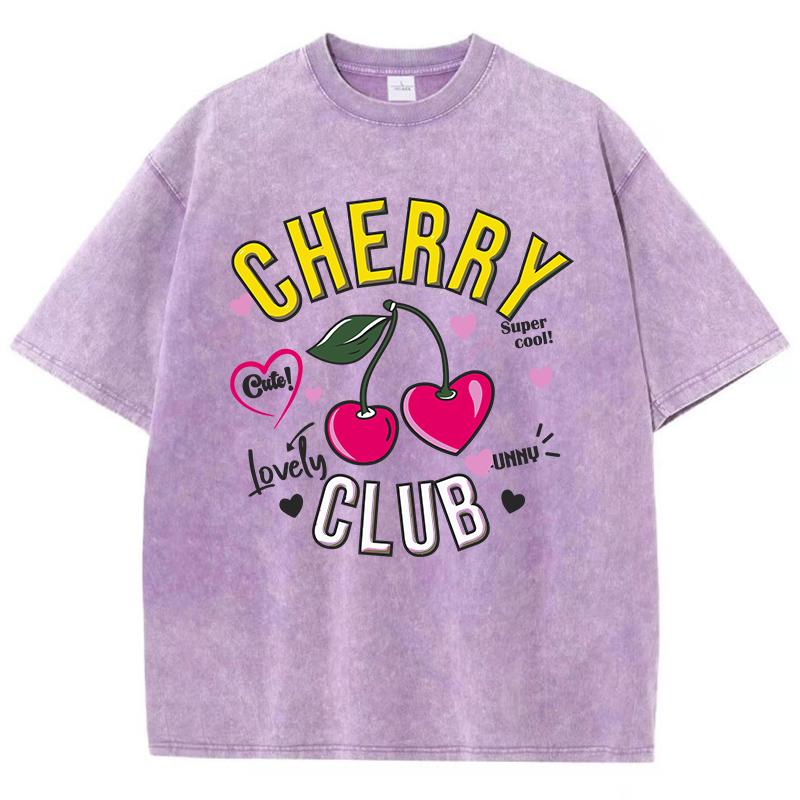 Street Damen Washed T-Shirts Cherry Club Niedliche Cartoons Print Tees Bequeme Distressed Baumwolle Oversize Oberteile Kleidung