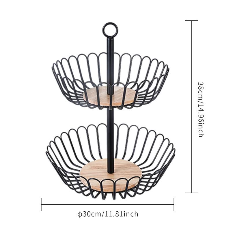 Double-Layer Metal Fruit Basket With Wooden Base Detachable Handheld Storage Rack Kitchen Living Room Snacks Candy