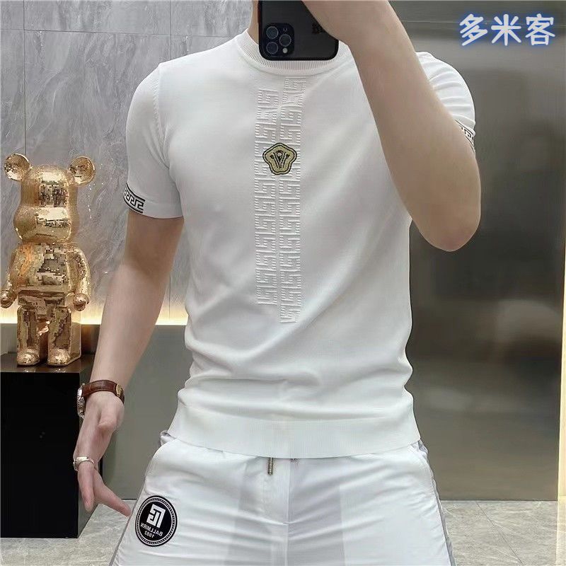 New Summer Men's Ice Silk Short-sleeved T-shirt Casual Trendy Brand Thin Breathable Round Neck Embroidered Knitted T-shirt