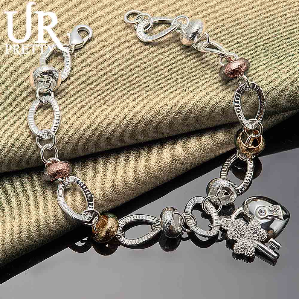 925 Sterling Silver Heart-shaped Lock with Clover Flower AAA Zircon Bracelet Fashionable Wedding Jewelry