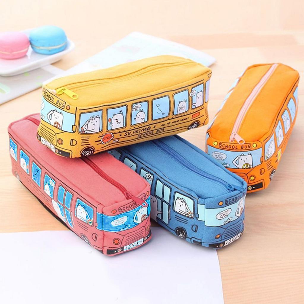 Cartoon Bus Shaped Pen Case Canvas Pen Bag Zippered Pen Pouches Big Capacity Pen Case Stationeries Organiser for Student