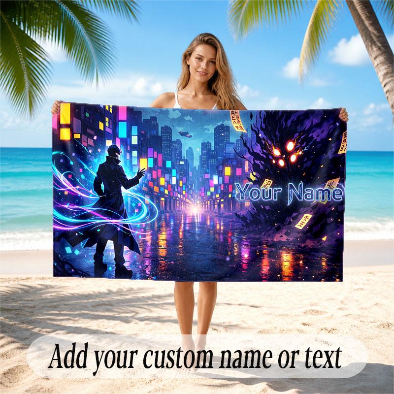 City Cyberpunk Theme Soft Beach Towel Personalized Custom Name Text Towel Portable for Beach Pool Travel
