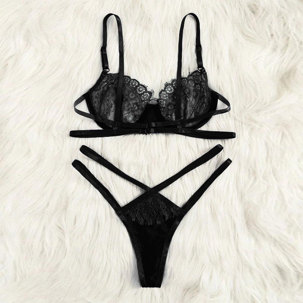 European and American sex underwear, sexy black hollow women s three-point bikini suit S чёрный