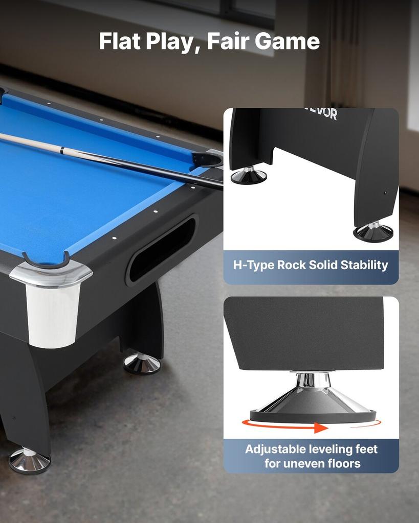 Pool Table, 213cm Portable Billiards Tables, Adjustable Feet Stable Game Table, Entertainment Set Includes Ball, Cue, Rack, Chalk and Brush, Black