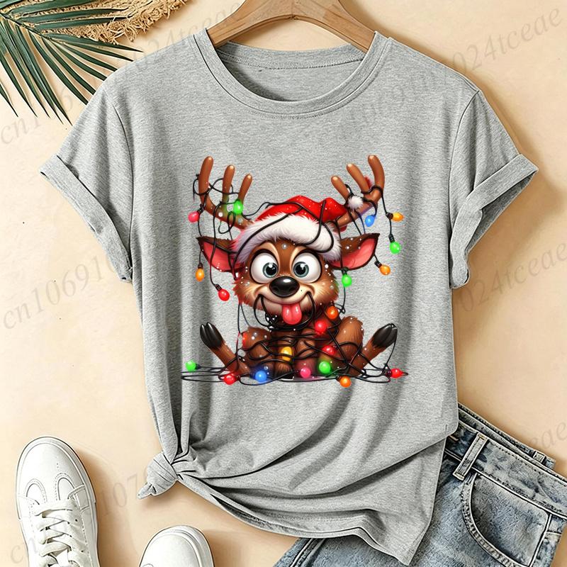 Women Cute Reindeer Christmas Lights Graphic T‑Shirt Funny Santa Hat Deer Printed Short Sleeve Tops Xmas Holiday Casual Tees