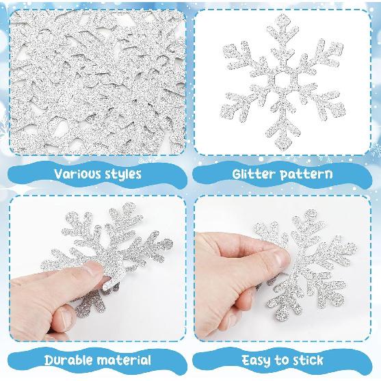 Fuutreo 108 Pcs Snowflake Cutouts Winter Glitter Paper Decorations Bulletin Board Decor 3 Size Cutouts for Winter Holiday Party Wonderland