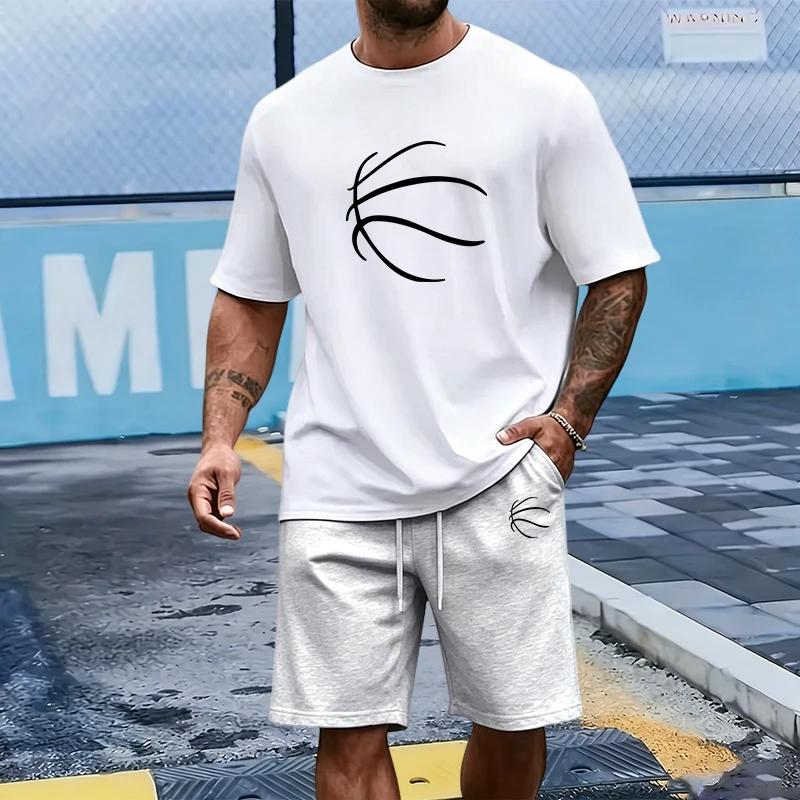 Basketball Pattern Men's Set O-neck T-shirts and Sports Shorts Summer Daily Casual Jogger Suit Male Short Sleeve Outfits