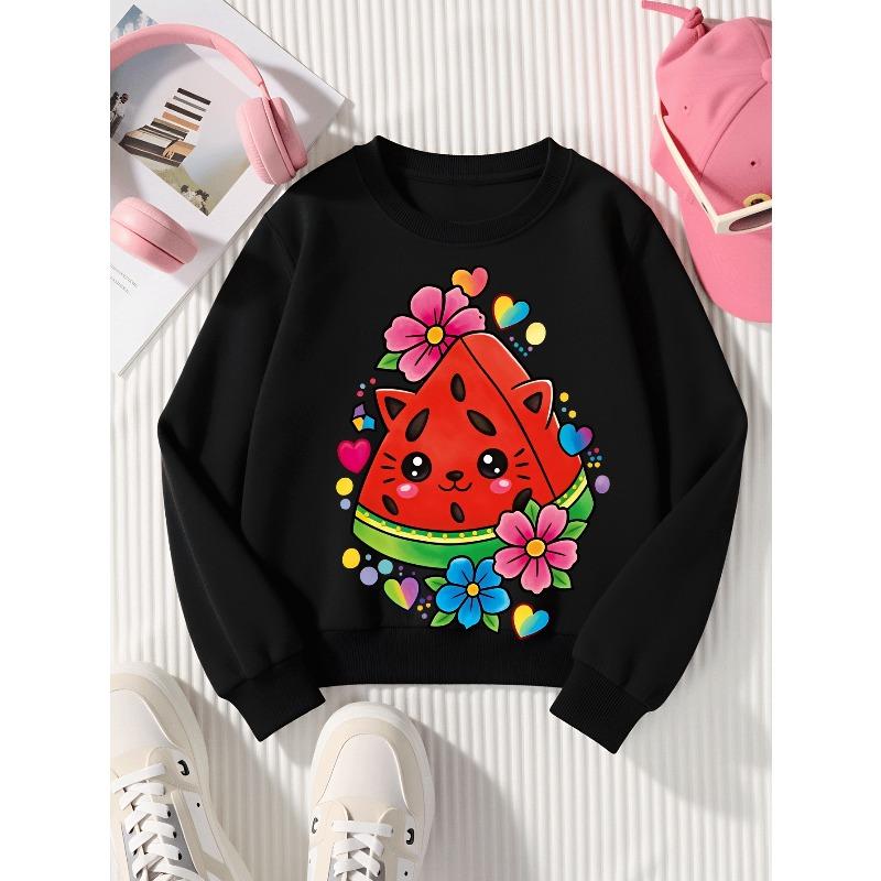 Kids Sweatshirt,Crew Neck Fashion Top, Fun"Cute Watermelon Cat Flower Hearts "patterned Sweatshirt, for Everyday Casual Wear,Casual Daily Sweatshirt
