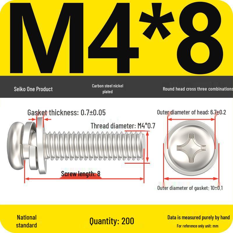 Nickel-Plated Phillips Pan Head Screw with Washer, M2-M6 Thread
