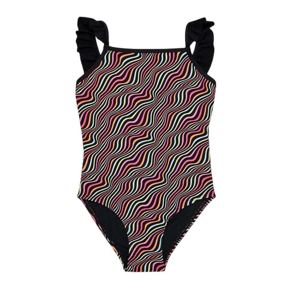Threadbare Girls Wavy Striped Frill One Piece Swimsuit