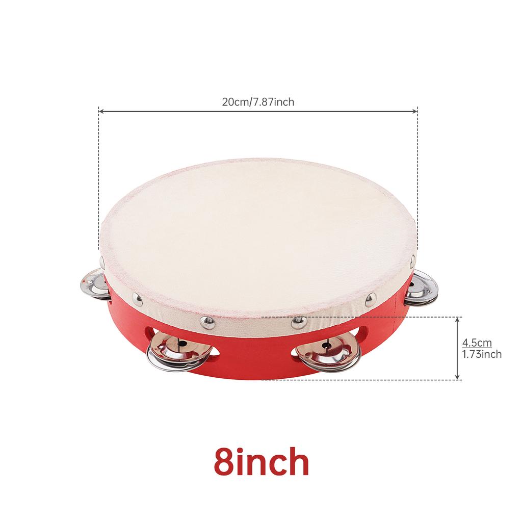 6 / 8 / 10 Inch Sheepskin Drumhead Wood Tambourine For Church Party KTV Wedding, Single Row Jingle Bells Red Hand Drum