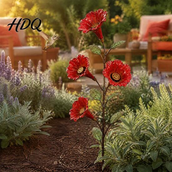 Decorative Garden Accent Red Flower Metal Bird Feeder Backyard Ground Stake Hummingbird Feeder Wildlife Watering Station