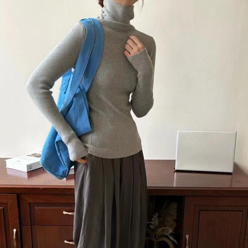 

Women s Autumn Winter High Neck Candy Color Slim-Fit Knit Base Layer Simple Long Sleeve Top for Office Wear One Size