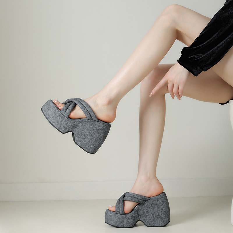 Krazing Pot Mules Polyurethane Summer Size 43 Women Platform Super High Heels Women Peep Toe Slip On Waterproof Sandals