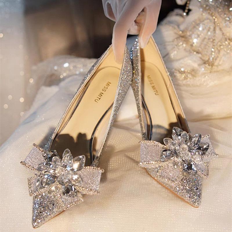 Large size French high heels heroine wedding banquet rhinestone bow wedding shoes temperament pointed sequins single shoes