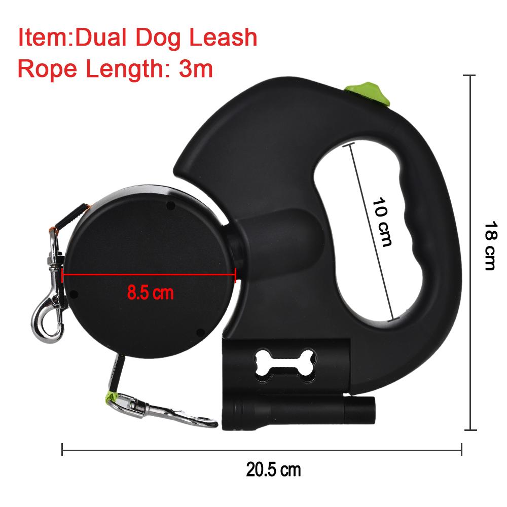Retractable Dual Dog Leash With Flashlight For Small Dogs Walking Automatic 360°No Tangle Pet Traction Rope Belt Waste Bag Box