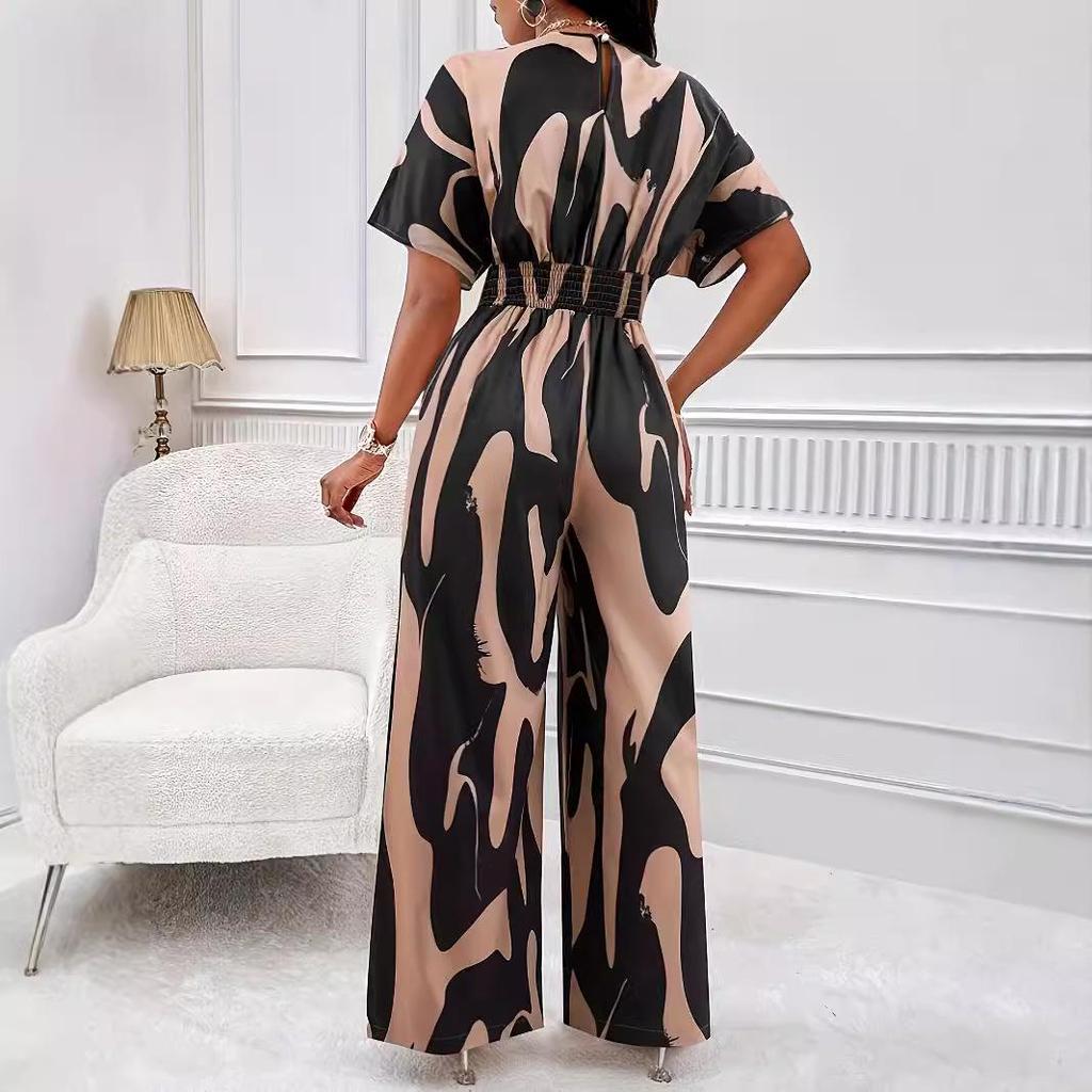 Spring/Summer Women's All-over Print Batwing Sleeve Wide-Leg Jumpsuit