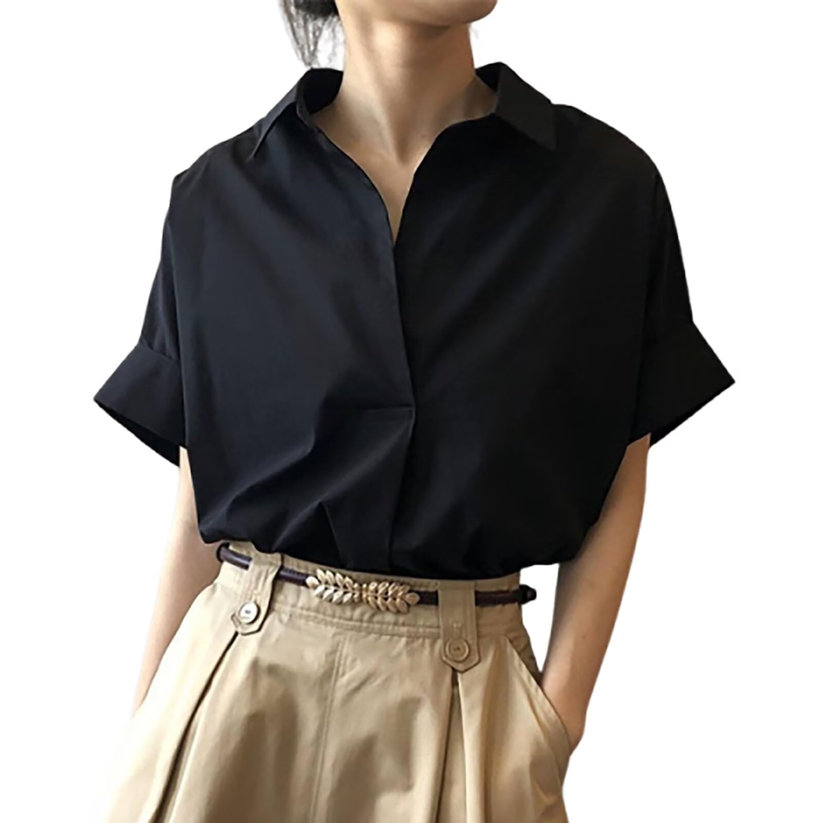 

Blouse for Short Sleeve Office Commuting [Quiet Wave] Women, Top, Chiffon, Plain, Buttonless, Collared, Slimming, Elegant, Figure-Hidden, Stylish, чёрный