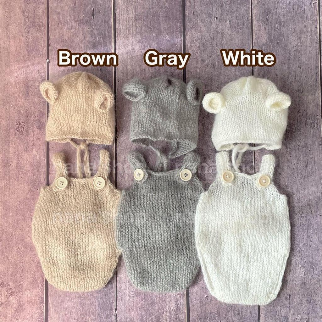 Baby knit outfit bear ear bonnet hat and for newborn photo gray [NANA's shop] set, overalls, shoots, beige, white, (brown)