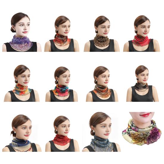 Women Floral Chiffon Ring Scarf Neck Guard False Collar Elastic Bib Wraps Travel Scarf Versatile Accessory
