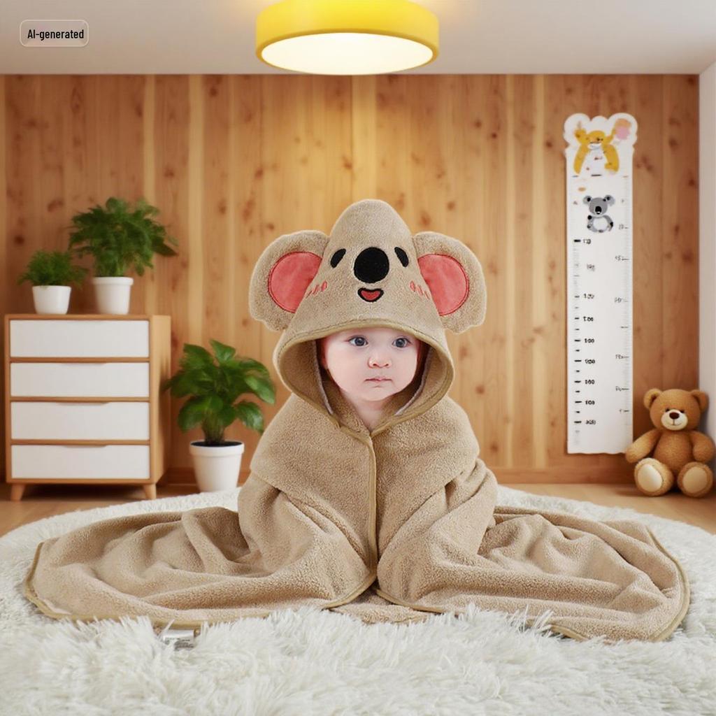 Cartoon Hooded Baby Swaddle & Bath Towel - Coral Fleece, Absorbent, Embroidered, Newborn To Toddler