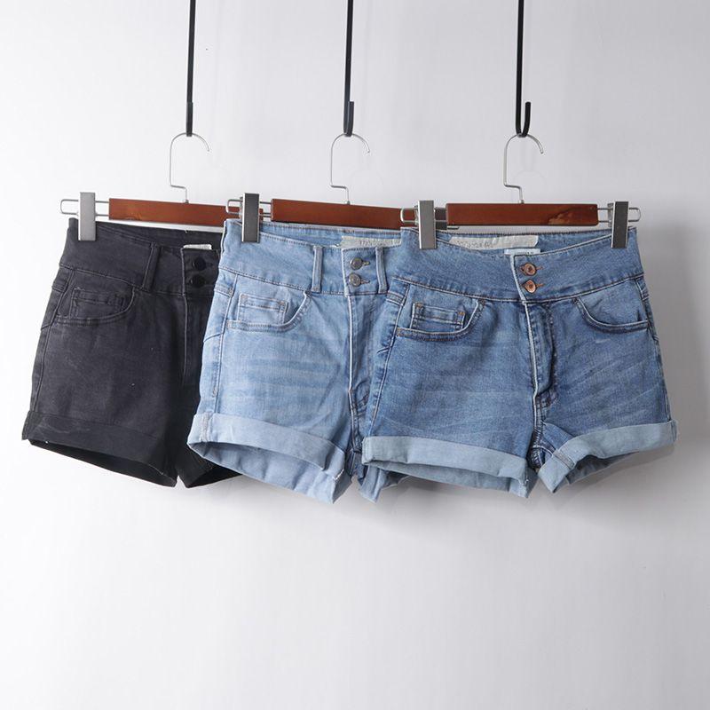 

High Waist Curl Double Buckle Abdominal Elastic Bum Lift Shorts Light blue 27