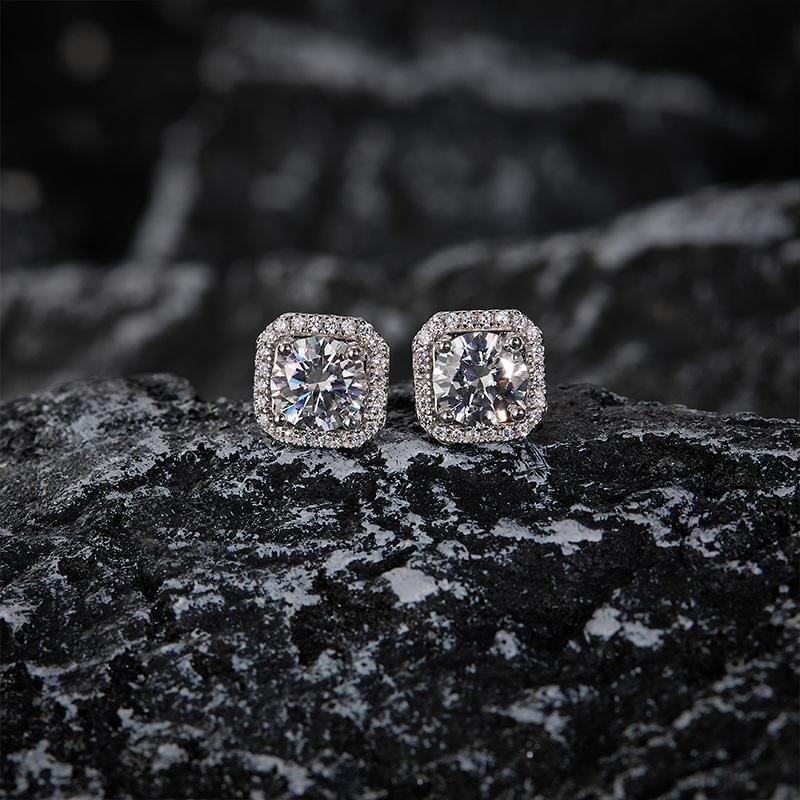 Square Moissanite 1 Carat Diamond Stud Earrings, S925 Silver, Four-Claw Design
