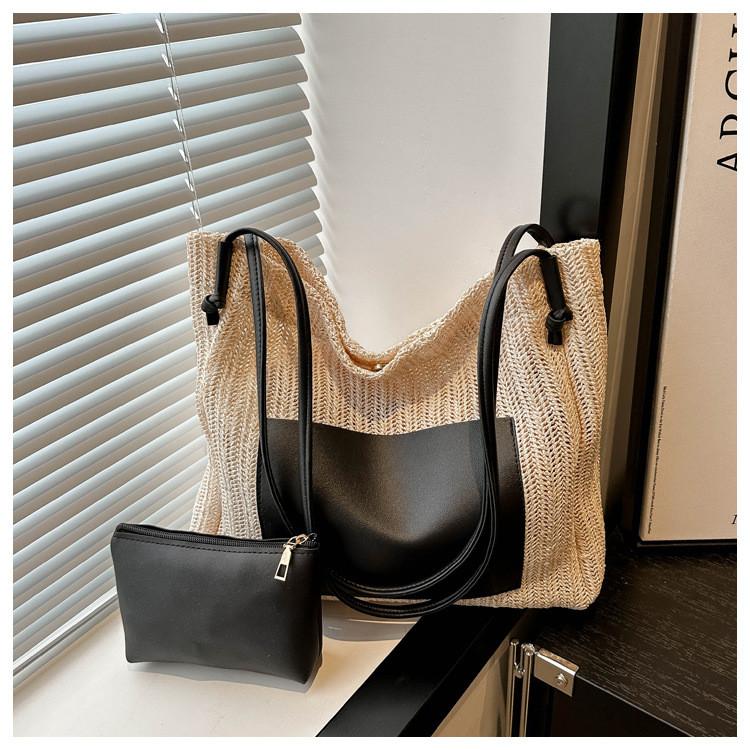 Vintage Woven Tote Bag With Pu Material And Large Capacity For Beach And Casual Outings
