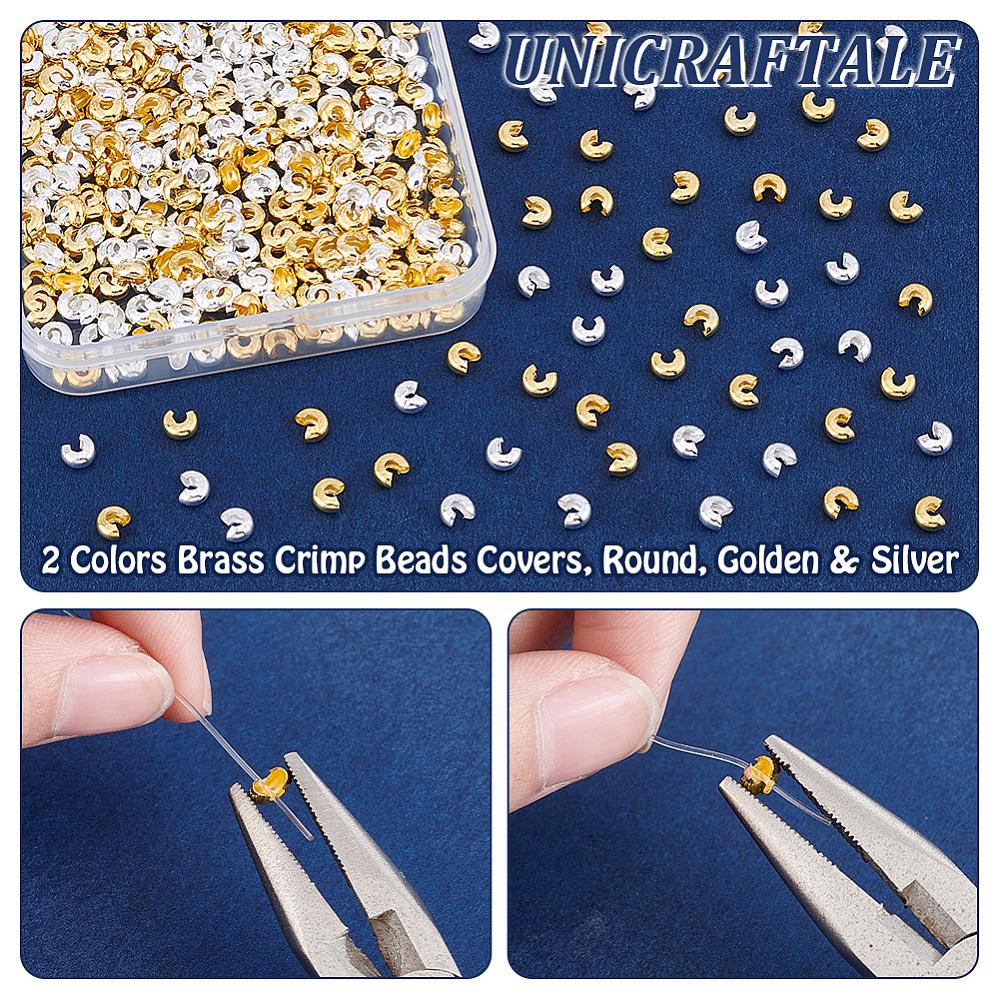 400Pcs 2 Colors Brass Crimp Beads Covers, Round, Golden & Silver, 4x3mm, Hole: 1.5mm, 200pcs/color