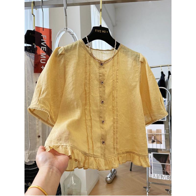 

Women s Short-Sleeve Cotton-Linen Shirt with Wood Ear Trim: French-Style Petite Summer Top XXL жёлтый
