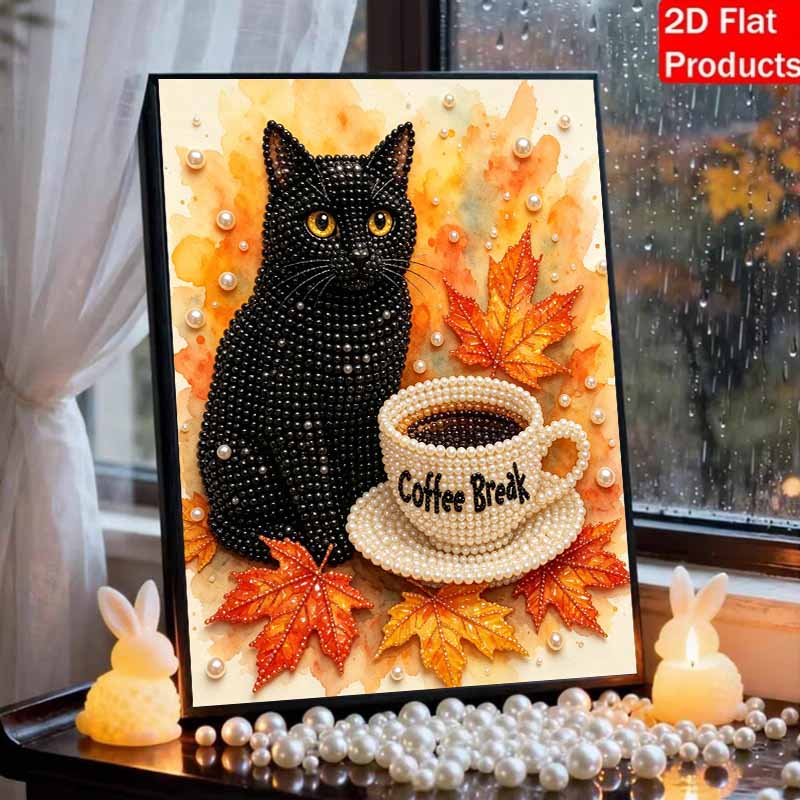 Framed Pearl Painting Kit Black Cat Coffee Break Autumn Leaves 3D Shiny Bead Art Canvas for Bedroom Living Room Decoration
