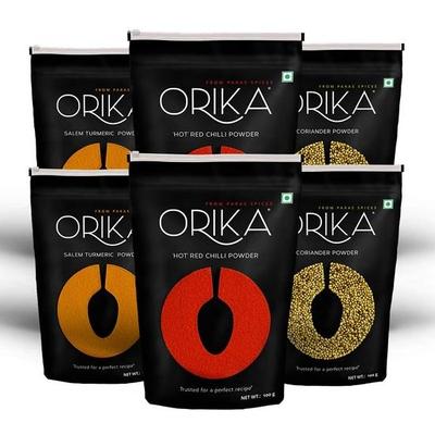 Orika Hot Red Chilli Powder, Salem Turmeric Powder & Coriander Powder (Combo of 6, 100 G Each)