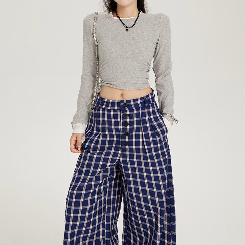 Women's High Waist Plaid Wide-Leg Casual Pants - Autumn Button-Down Style